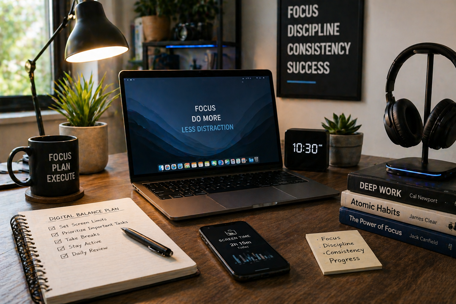 Modern tech gadgets setup with laptop, smartphone, smartwatch, headphones, and smart accessories